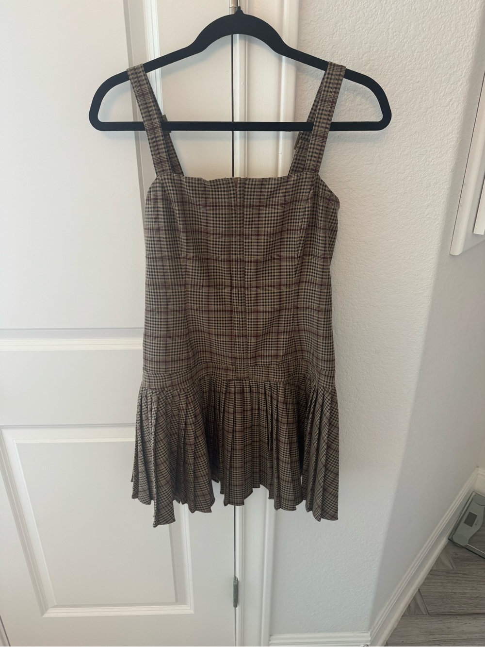 Plaid Mini Dress with Square Neck in Brown Plaid
